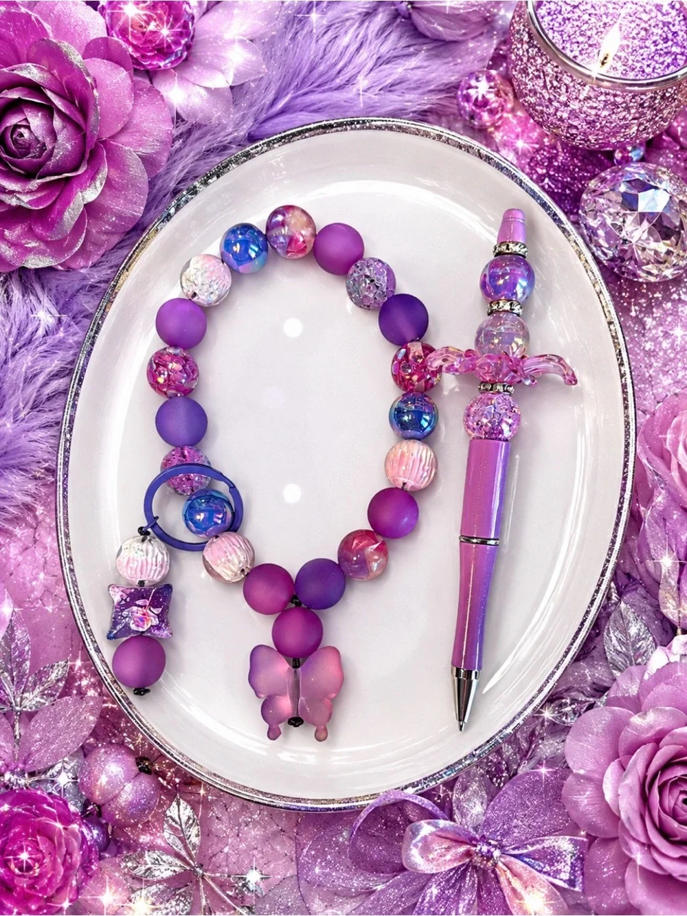 Hand Crafted Beaded Pen & Wristlet Keychain with Butterfly Charm